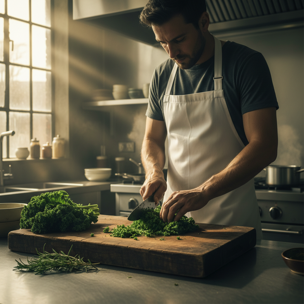 A chef in a clean white apron chopping fresh organic kale on a heavy wooden cutting board, sunlight streaming through a window.