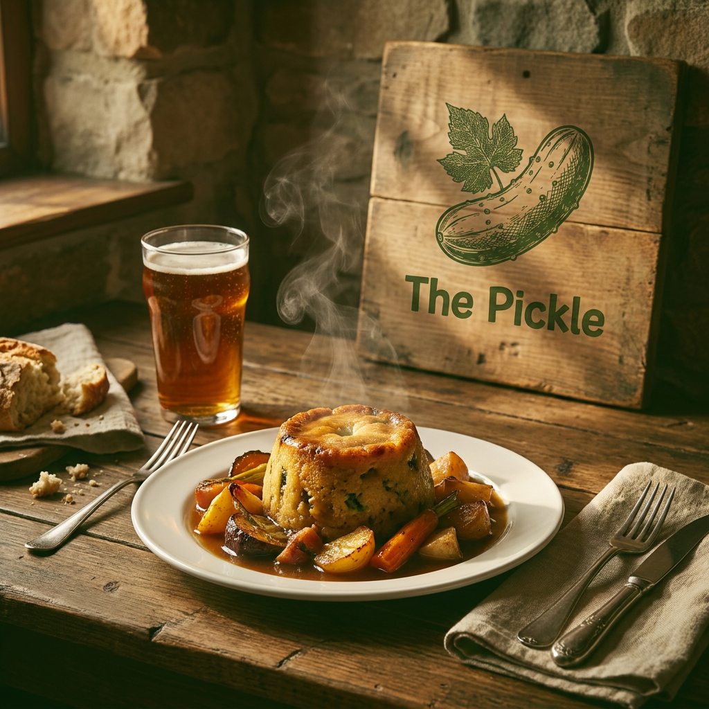 A warm, high-angle shot of a rustic wooden table at our Restaurant featuring a steaming plate of vegetable suet pudding and a glass of organic ale. Featuring The Pickle.
