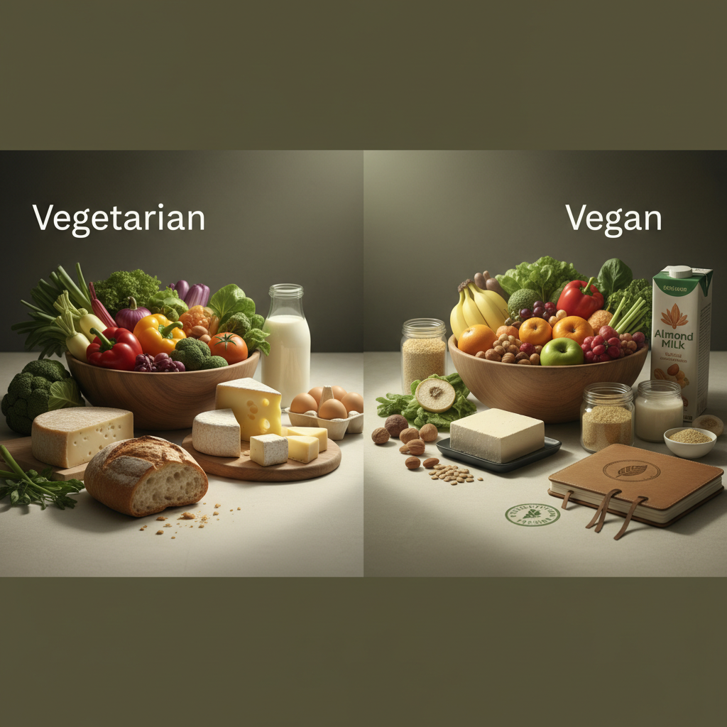 A split-screen image showing a vibrant vegetarian salad with cheese on one side and a colorful vegan bowl with tofu and vegetables on the other.